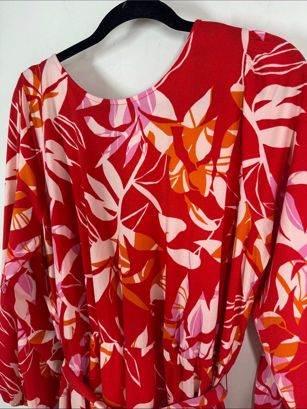 Eloquii Floral Midi Dress Red Pink Size 18 Belted Long Sleeve Summer Boho Chic - Picture 5 of 15